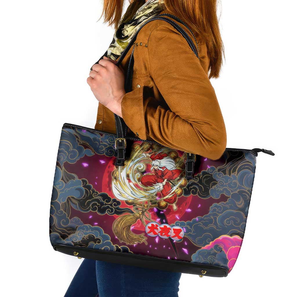 Inuyasha Demon Slayer Warrior Leather Tote Bag Japanese Tattoo Art Style with Fiery Claw Marks