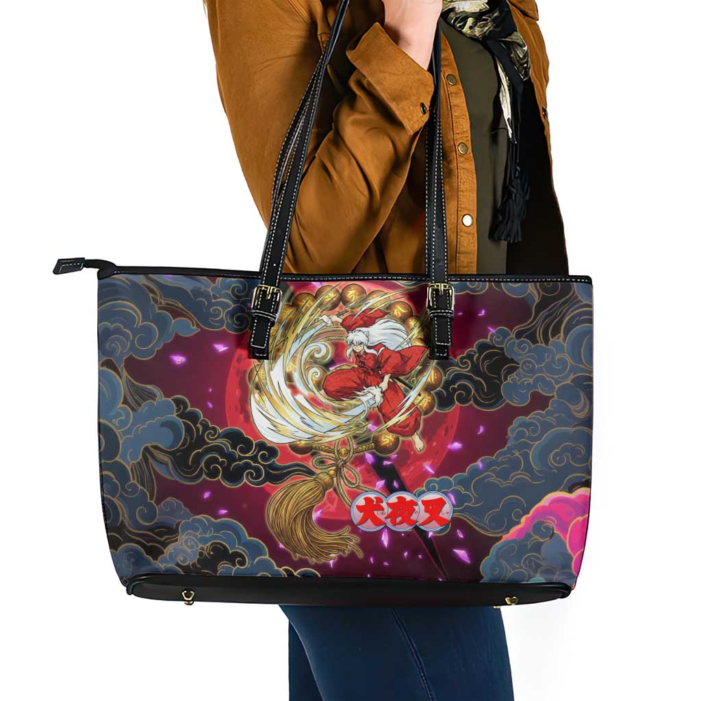 Inuyasha Demon Slayer Warrior Leather Tote Bag Japanese Tattoo Art Style with Fiery Claw Marks