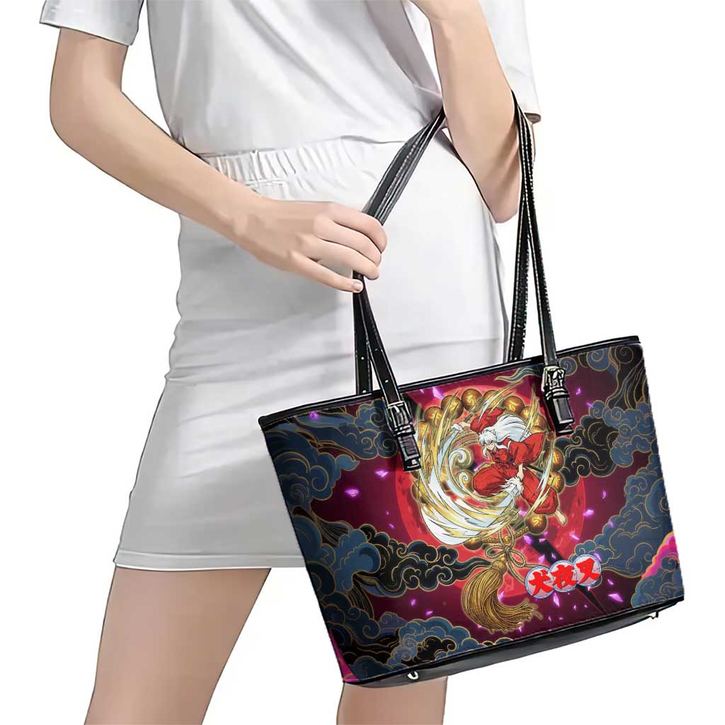 Inuyasha Demon Slayer Warrior Leather Tote Bag Japanese Tattoo Art Style with Fiery Claw Marks