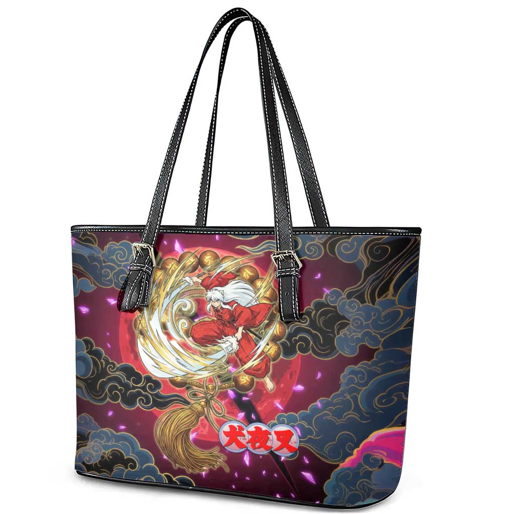 Inuyasha Demon Slayer Warrior Leather Tote Bag Japanese Tattoo Art Style with Fiery Claw Marks