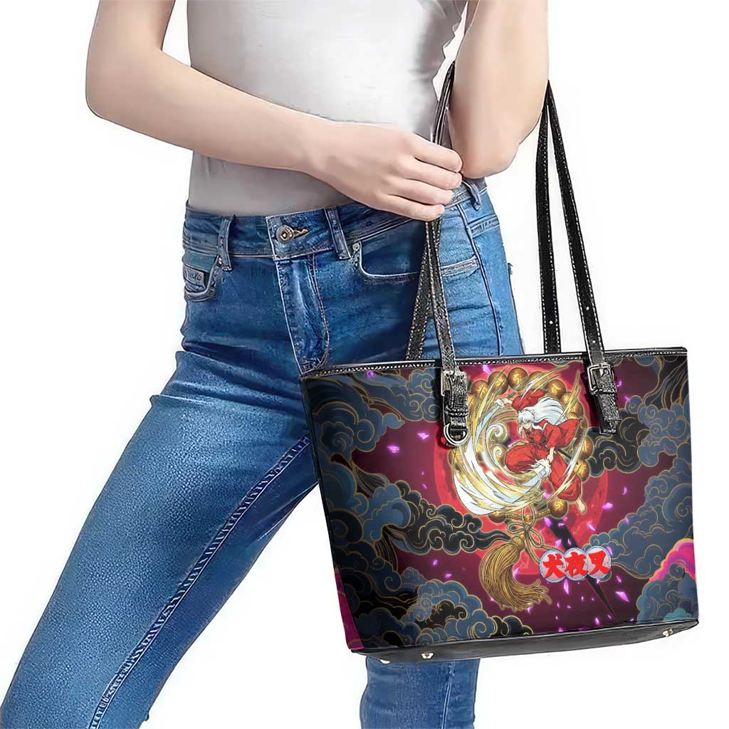 Inuyasha Demon Slayer Warrior Leather Tote Bag Japanese Tattoo Art Style with Fiery Claw Marks