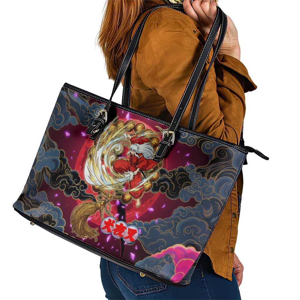 Inuyasha Demon Slayer Warrior Leather Tote Bag Japanese Tattoo Art Style with Fiery Claw Marks