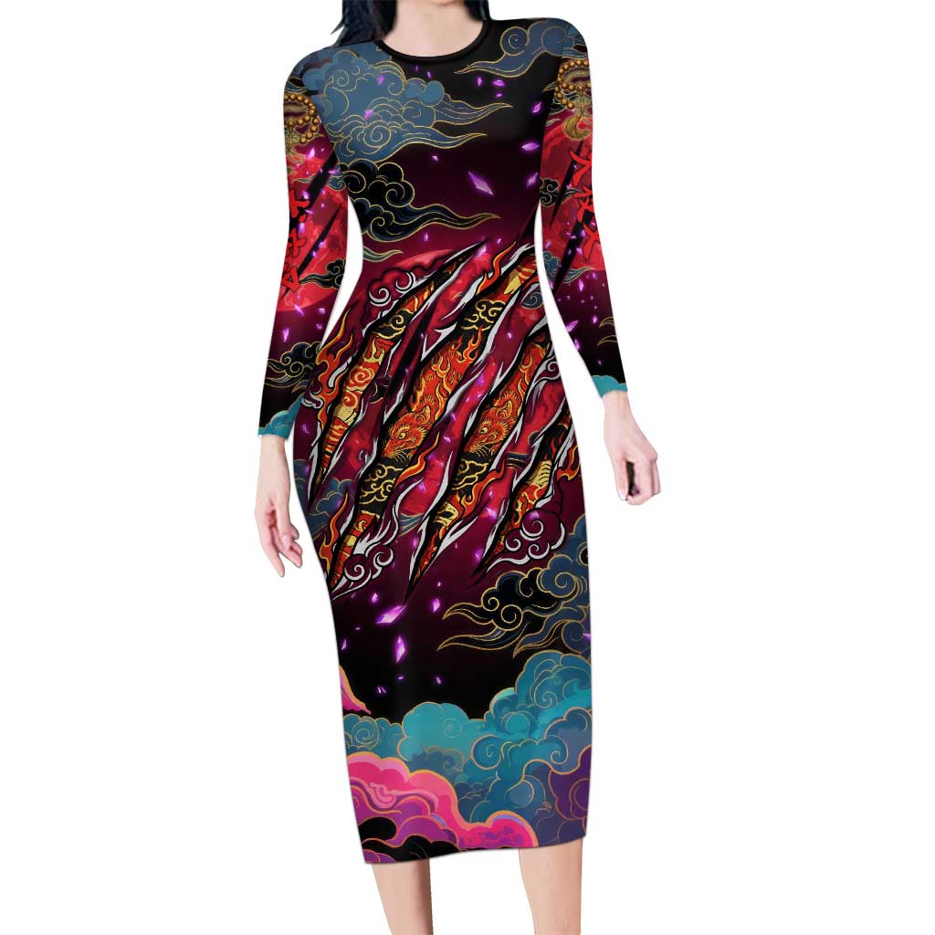 Inuyasha Demon Slayer Warrior Long Sleeve Bodycon Dress Japanese Tattoo Art Style with Fiery Claw Marks