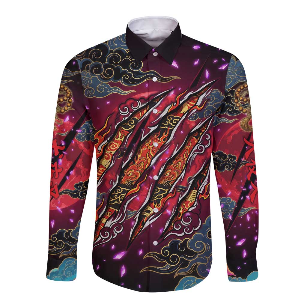 Inuyasha Demon Slayer Warrior Long Sleeve Button Shirt Japanese Tattoo Art Style with Fiery Claw Marks