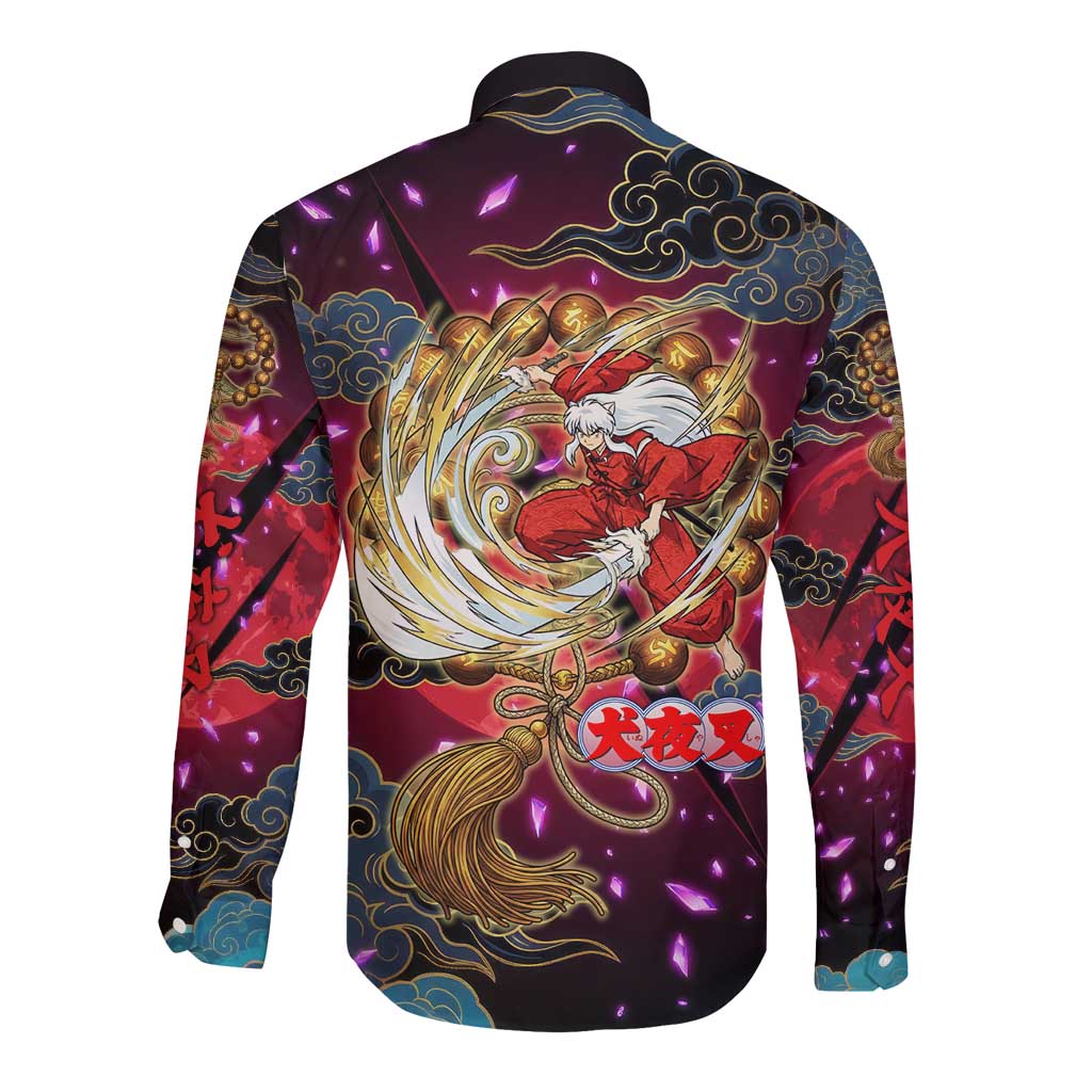 Inuyasha Demon Slayer Warrior Long Sleeve Button Shirt Japanese Tattoo Art Style with Fiery Claw Marks