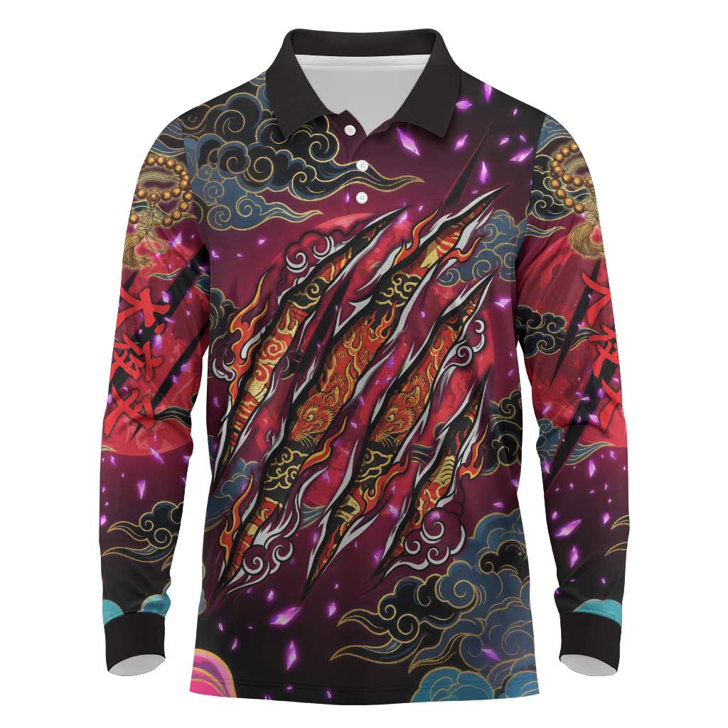 Inuyasha Demon Slayer Warrior Long Sleeve Polo Shirt Japanese Tattoo Art Style with Fiery Claw Marks