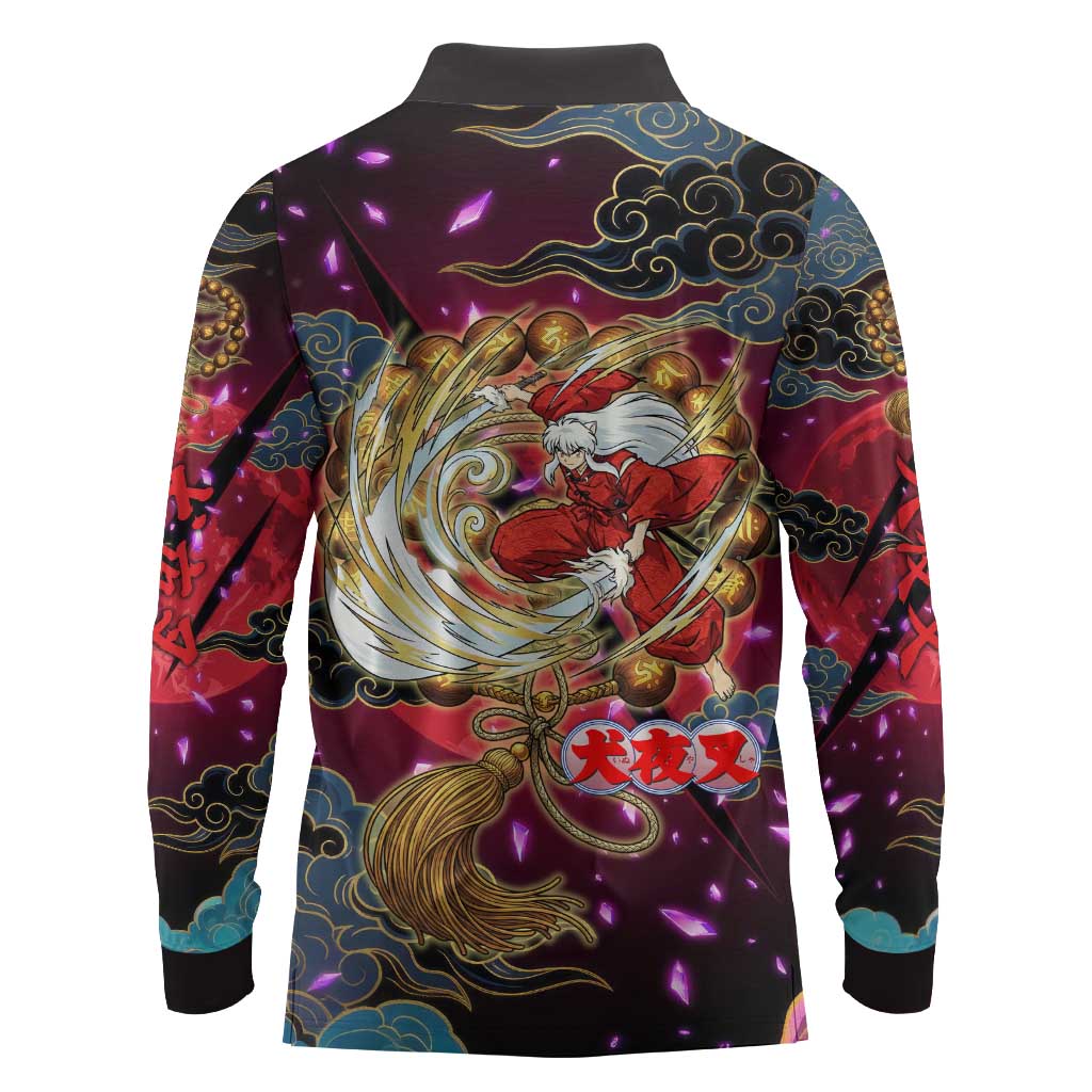 Inuyasha Demon Slayer Warrior Long Sleeve Polo Shirt Japanese Tattoo Art Style with Fiery Claw Marks