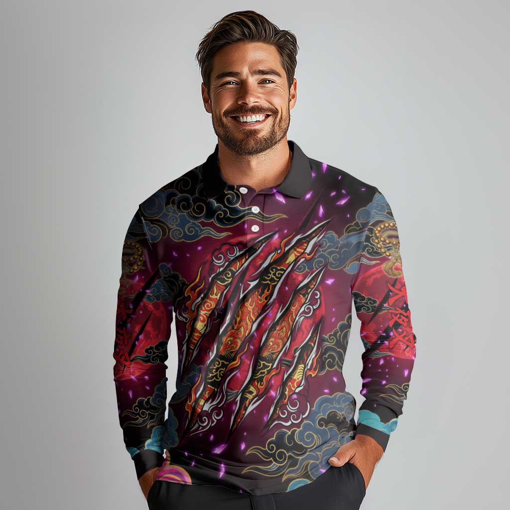 Inuyasha Demon Slayer Warrior Long Sleeve Polo Shirt Japanese Tattoo Art Style with Fiery Claw Marks