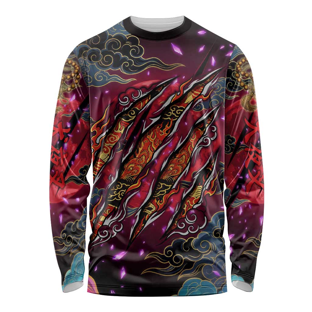 Inuyasha Demon Slayer Warrior Long Sleeve Shirt Japanese Tattoo Art Style with Fiery Claw Marks