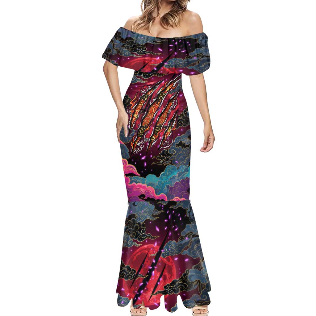Inuyasha Demon Slayer Warrior Mermaid Dress Japanese Tattoo Art Style with Fiery Claw Marks