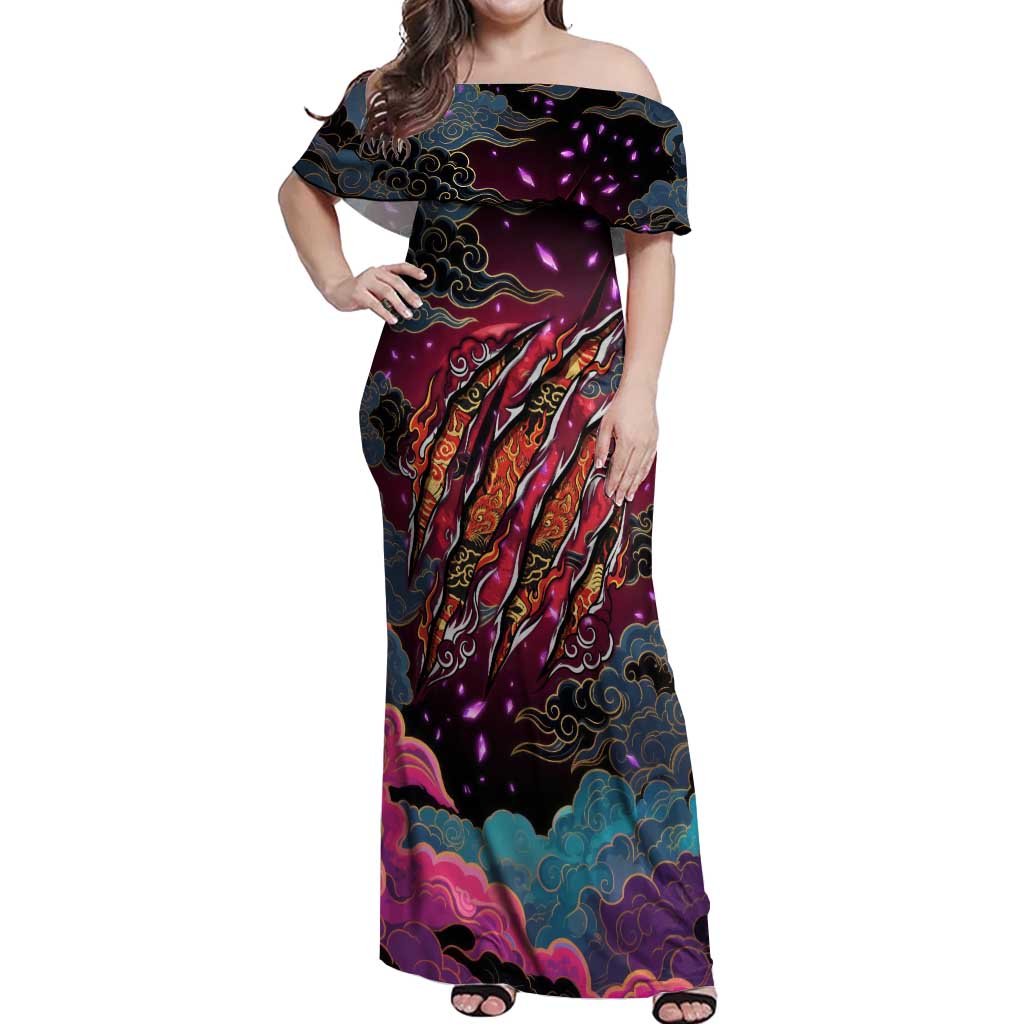 Inuyasha Demon Slayer Warrior Off Shoulder Maxi Dress Japanese Tattoo Art Style with Fiery Claw Marks