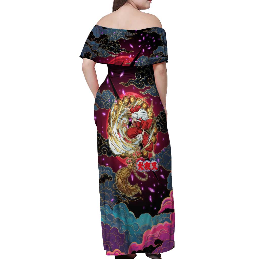 Inuyasha Demon Slayer Warrior Off Shoulder Maxi Dress Japanese Tattoo Art Style with Fiery Claw Marks