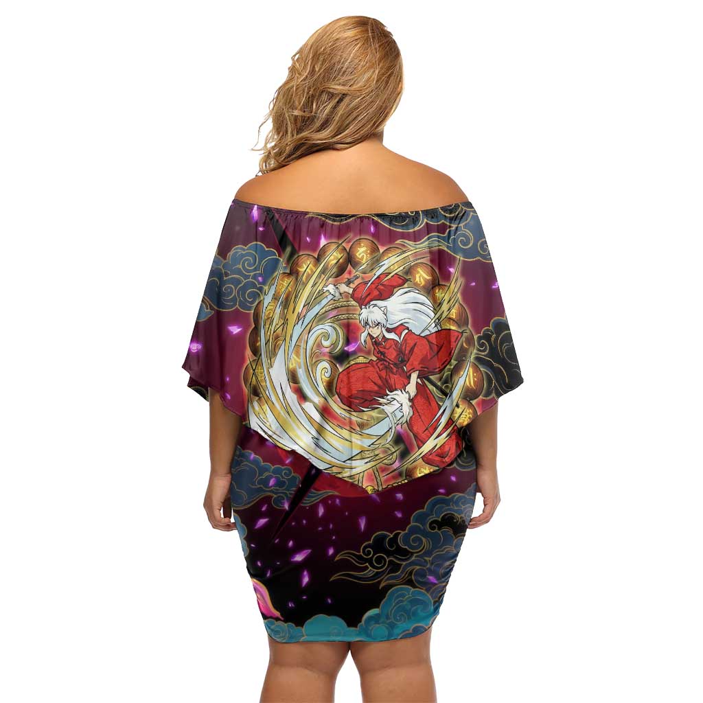 Inuyasha Demon Slayer Warrior Off Shoulder Short Dress Japanese Tattoo Art Style with Fiery Claw Marks