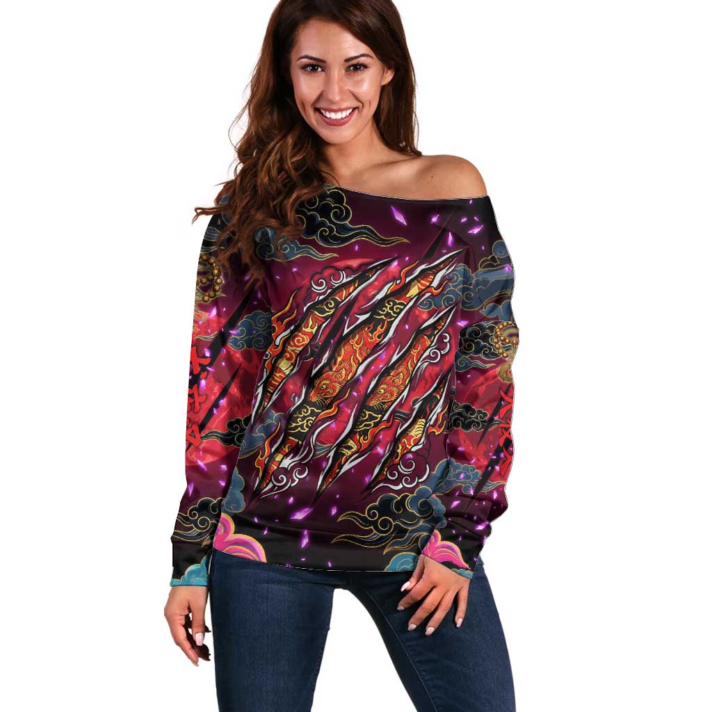 Inuyasha Demon Slayer Warrior Off Shoulder Sweater Japanese Tattoo Art Style with Fiery Claw Marks