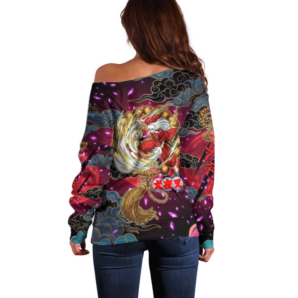 Inuyasha Demon Slayer Warrior Off Shoulder Sweater Japanese Tattoo Art Style with Fiery Claw Marks