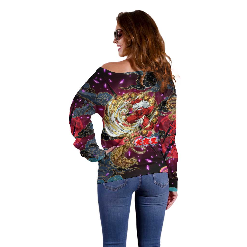 Inuyasha Demon Slayer Warrior Off Shoulder Sweater Japanese Tattoo Art Style with Fiery Claw Marks
