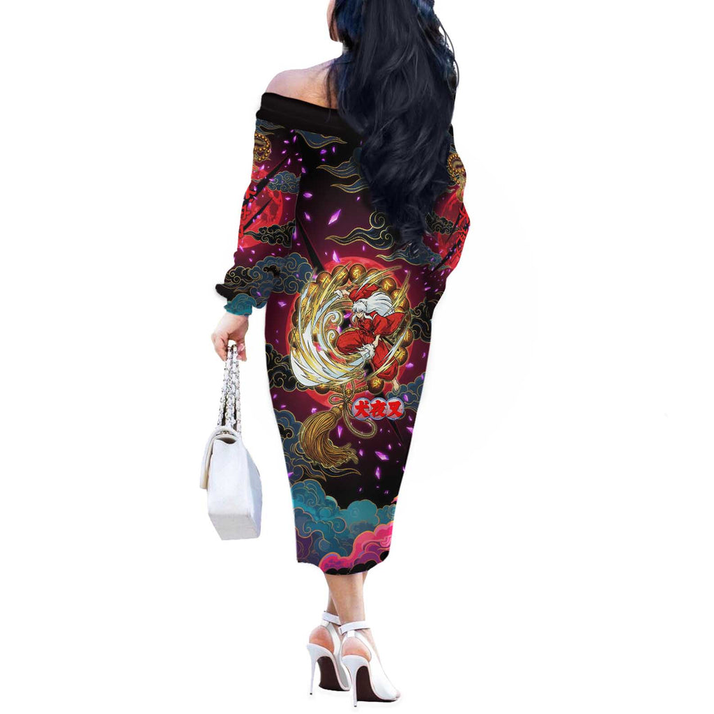 Inuyasha Demon Slayer Warrior Off The Shoulder Long Sleeve Dress Japanese Tattoo Art Style with Fiery Claw Marks