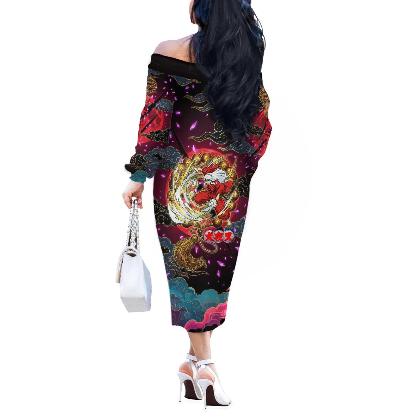 Inuyasha Demon Slayer Warrior Off The Shoulder Long Sleeve Dress Japanese Tattoo Art Style with Fiery Claw Marks