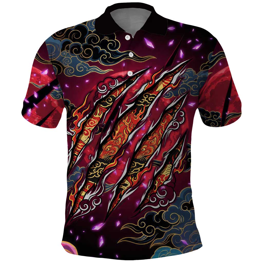 Inuyasha Demon Slayer Warrior Polo Shirt Japanese Tattoo Art Style with Fiery Claw Marks