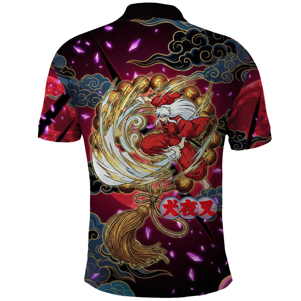 Inuyasha Demon Slayer Warrior Polo Shirt Japanese Tattoo Art Style with Fiery Claw Marks