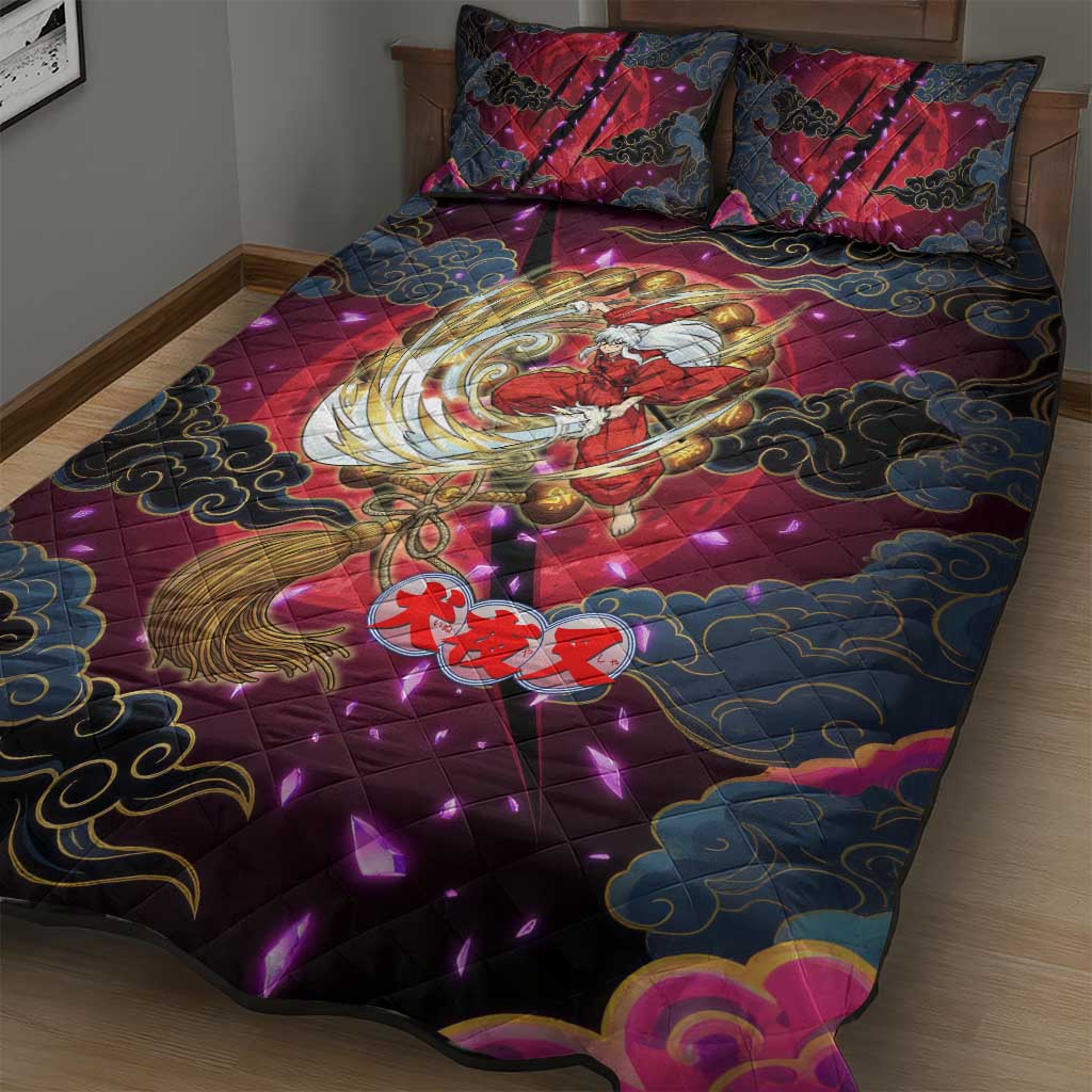 Inuyasha Demon Slayer Warrior Quilt Bed Set Japanese Tattoo Art Style with Fiery Claw Marks