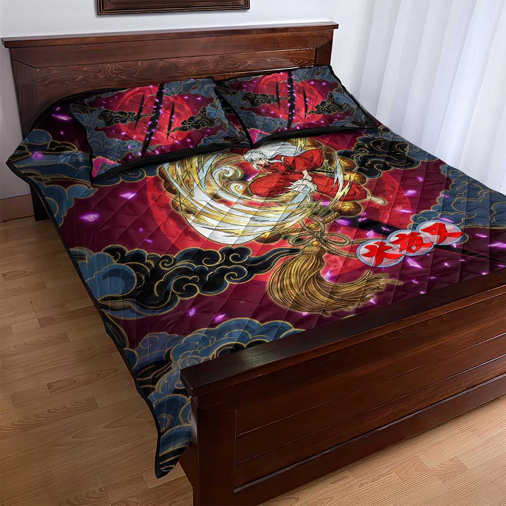 Inuyasha Demon Slayer Warrior Quilt Bed Set Japanese Tattoo Art Style with Fiery Claw Marks
