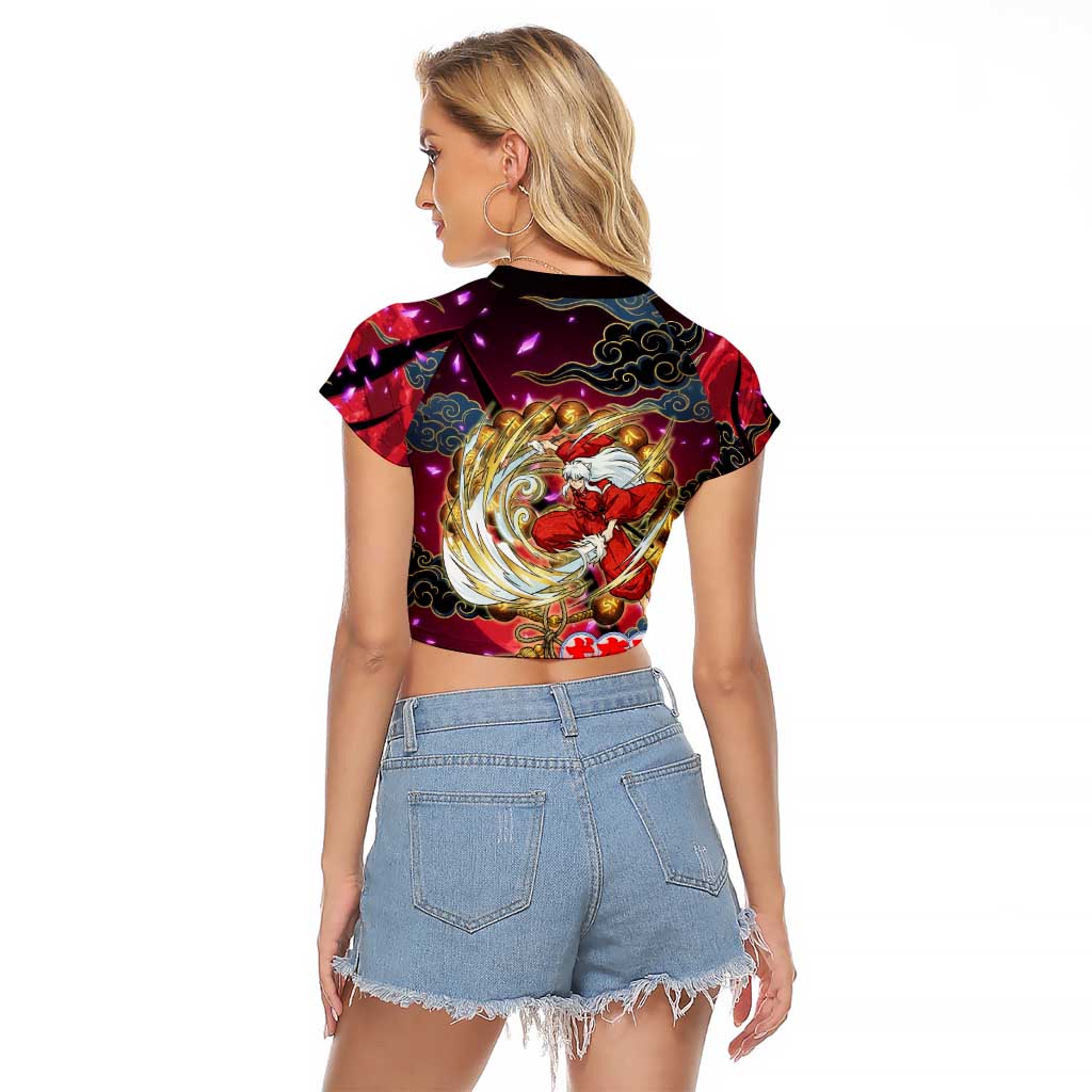 Inuyasha Demon Slayer Warrior Raglan Cropped T Shirt Japanese Tattoo Art Style with Fiery Claw Marks