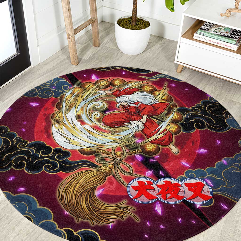 Inuyasha Demon Slayer Warrior Round Carpet Japanese Tattoo Art Style with Fiery Claw Marks