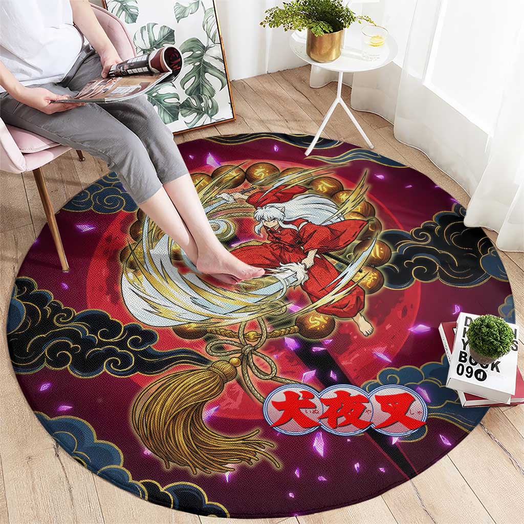 Inuyasha Demon Slayer Warrior Round Carpet Japanese Tattoo Art Style with Fiery Claw Marks