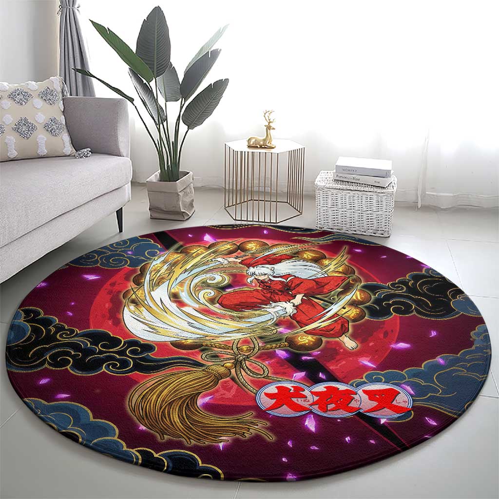 Inuyasha Demon Slayer Warrior Round Carpet Japanese Tattoo Art Style with Fiery Claw Marks