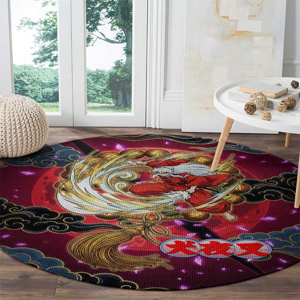 Inuyasha Demon Slayer Warrior Round Carpet Japanese Tattoo Art Style with Fiery Claw Marks