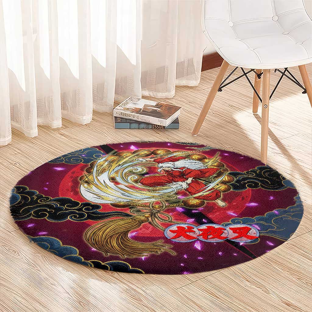 Inuyasha Demon Slayer Warrior Round Carpet Japanese Tattoo Art Style with Fiery Claw Marks