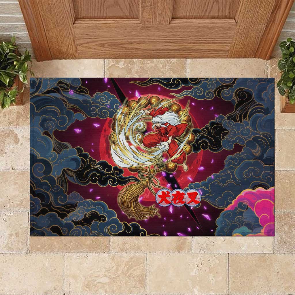 Inuyasha Demon Slayer Warrior Rubber Doormat Japanese Tattoo Art Style with Fiery Claw Marks