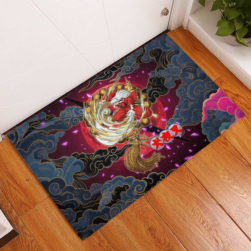 Inuyasha Demon Slayer Warrior Rubber Doormat Japanese Tattoo Art Style with Fiery Claw Marks