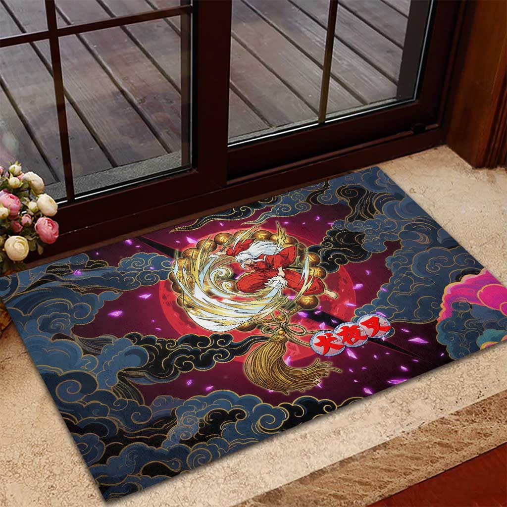 Inuyasha Demon Slayer Warrior Rubber Doormat Japanese Tattoo Art Style with Fiery Claw Marks