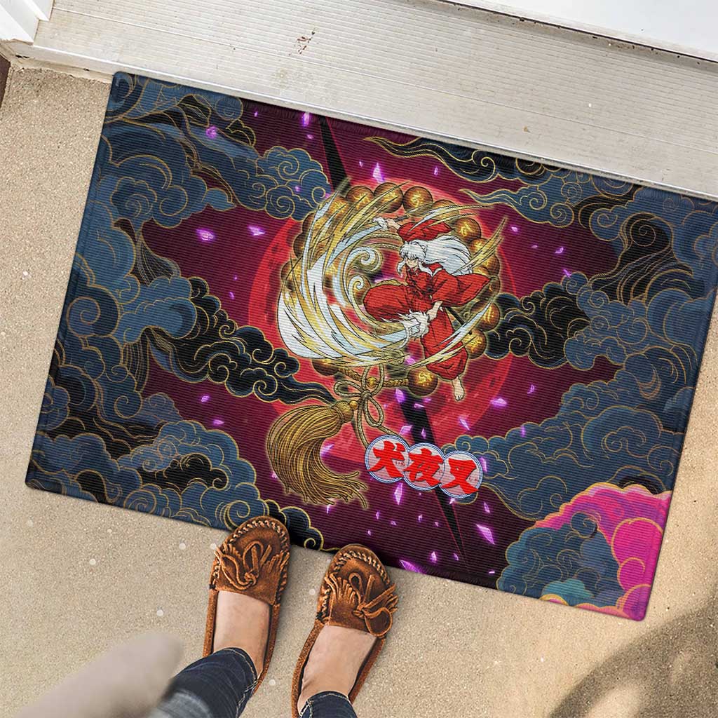 Inuyasha Demon Slayer Warrior Rubber Doormat Japanese Tattoo Art Style with Fiery Claw Marks