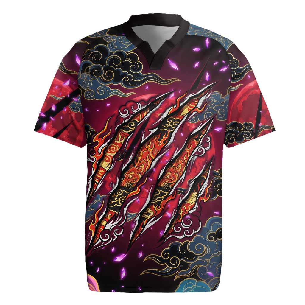 Inuyasha Demon Slayer Warrior Rugby Jersey Japanese Tattoo Art Style with Fiery Claw Marks