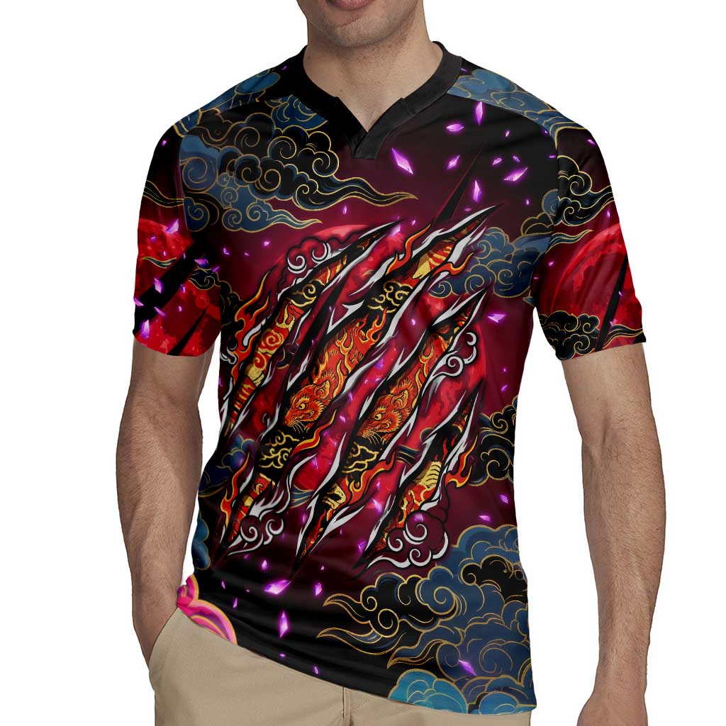 Inuyasha Demon Slayer Warrior Rugby Jersey Japanese Tattoo Art Style with Fiery Claw Marks