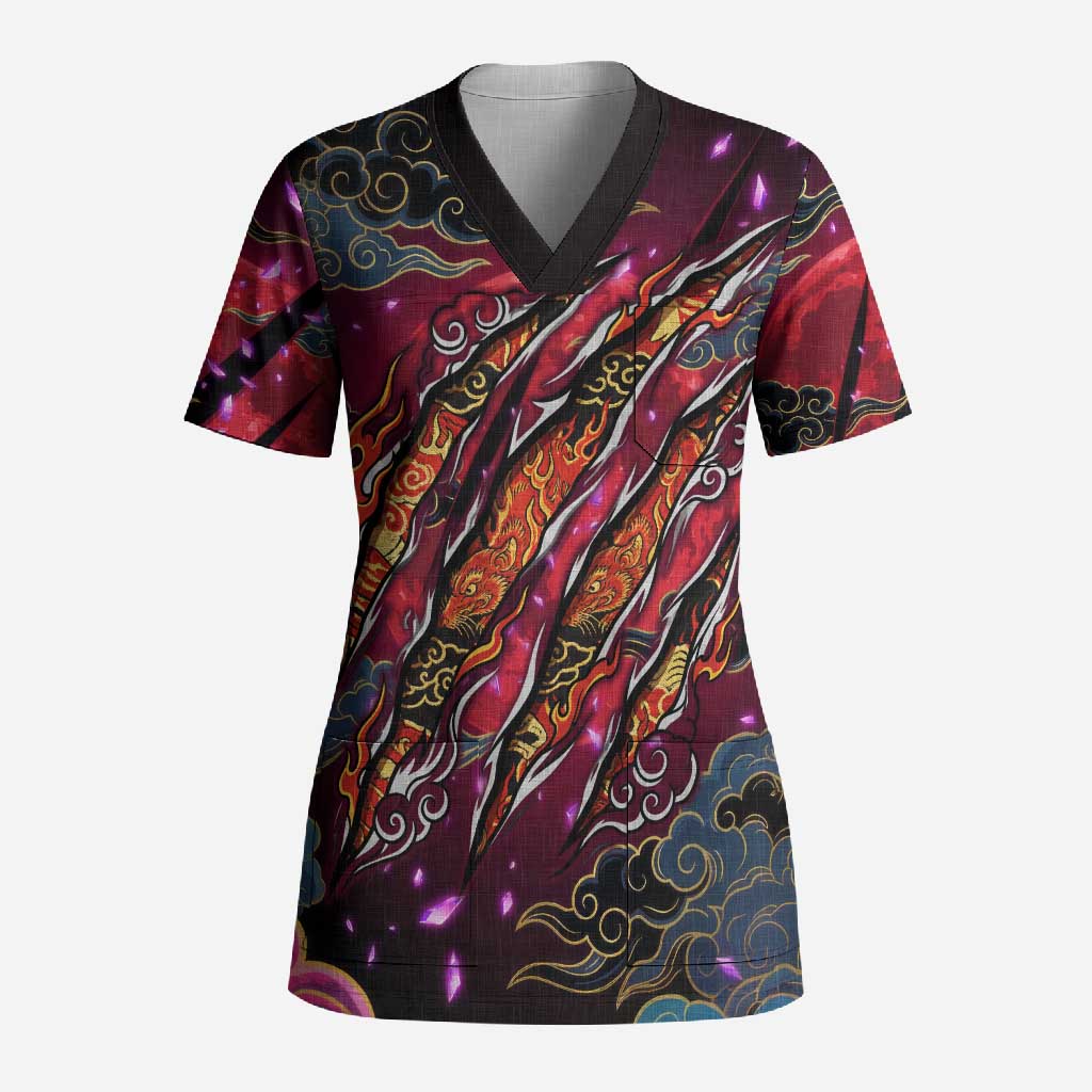 Inuyasha Demon Slayer Warrior Scrub Top Japanese Tattoo Art Style with Fiery Claw Marks