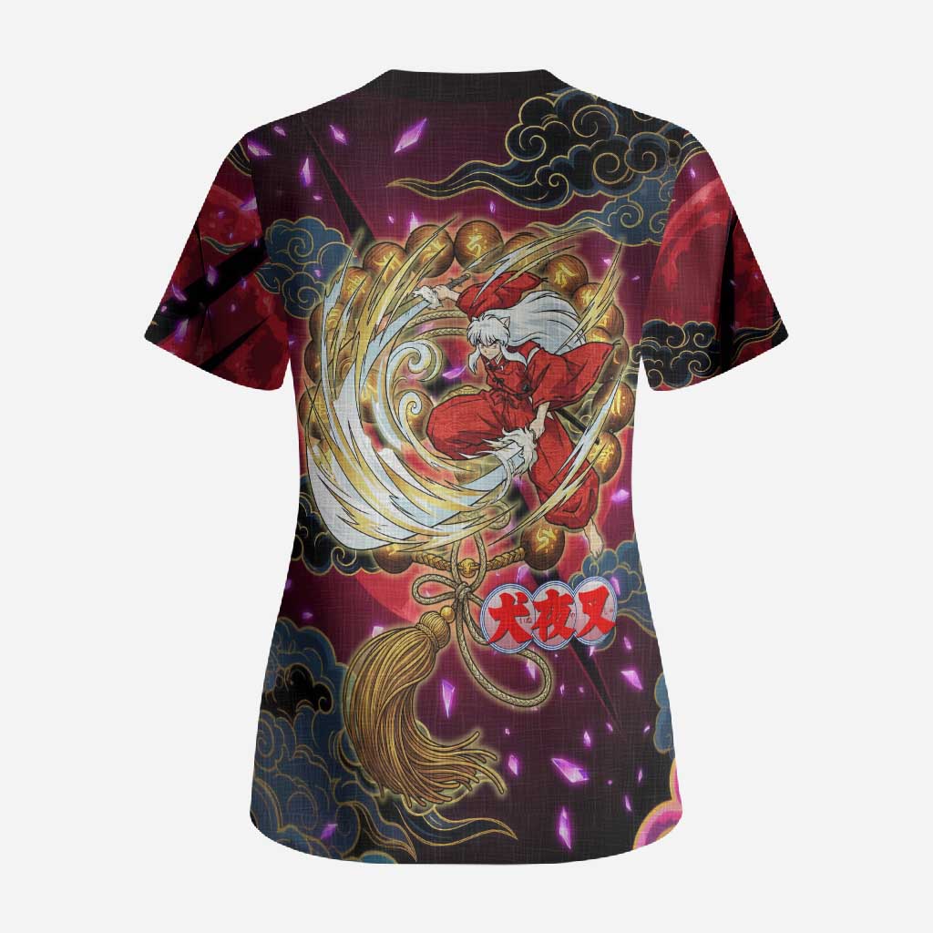 Inuyasha Demon Slayer Warrior Scrub Top Japanese Tattoo Art Style with Fiery Claw Marks