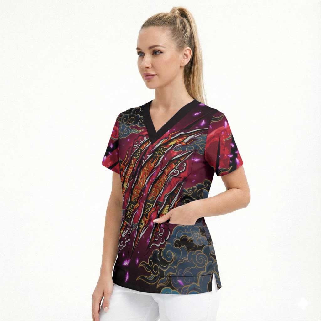 Inuyasha Demon Slayer Warrior Scrub Top Japanese Tattoo Art Style with Fiery Claw Marks