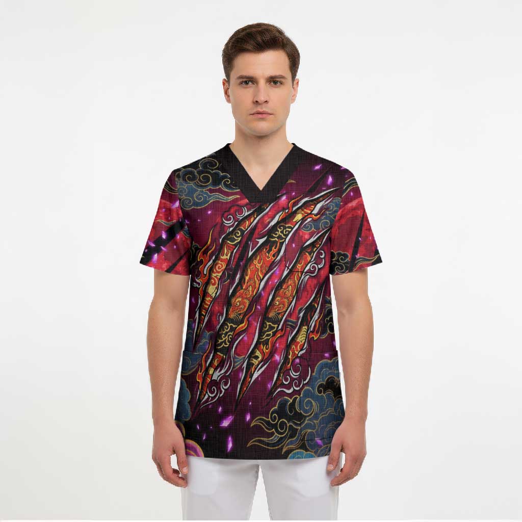 Inuyasha Demon Slayer Warrior Scrub Top Japanese Tattoo Art Style with Fiery Claw Marks