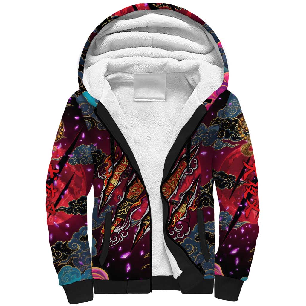 Inuyasha Demon Slayer Warrior Sherpa Hoodie Japanese Tattoo Art Style with Fiery Claw Marks