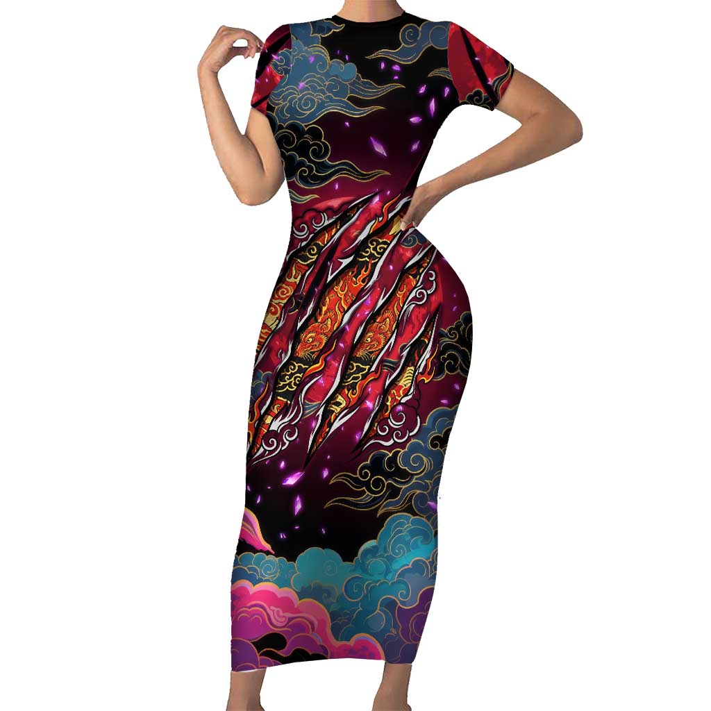 Inuyasha Demon Slayer Warrior Short Sleeve Bodycon Dress Japanese Tattoo Art Style with Fiery Claw Marks