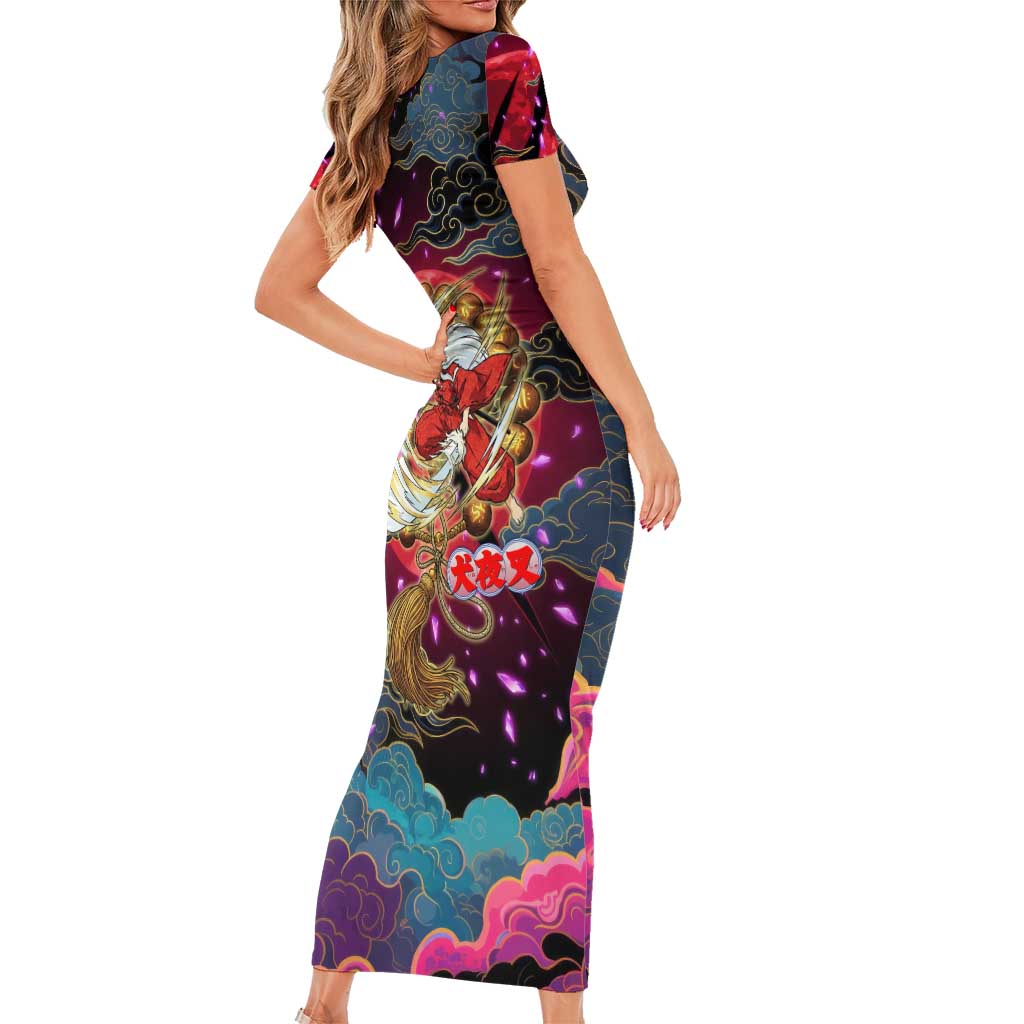 Inuyasha Demon Slayer Warrior Short Sleeve Bodycon Dress Japanese Tattoo Art Style with Fiery Claw Marks