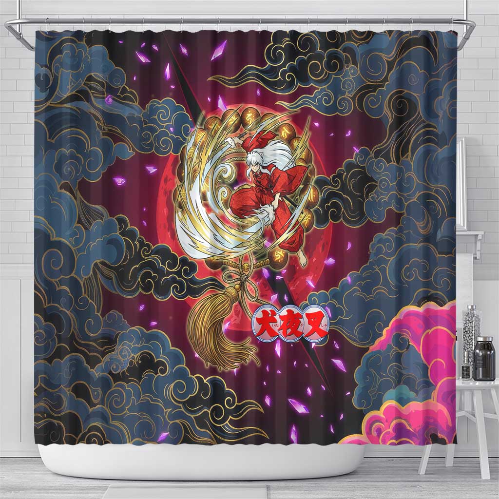 Inuyasha Demon Slayer Warrior Shower Curtain Japanese Tattoo Art Style with Fiery Claw Marks