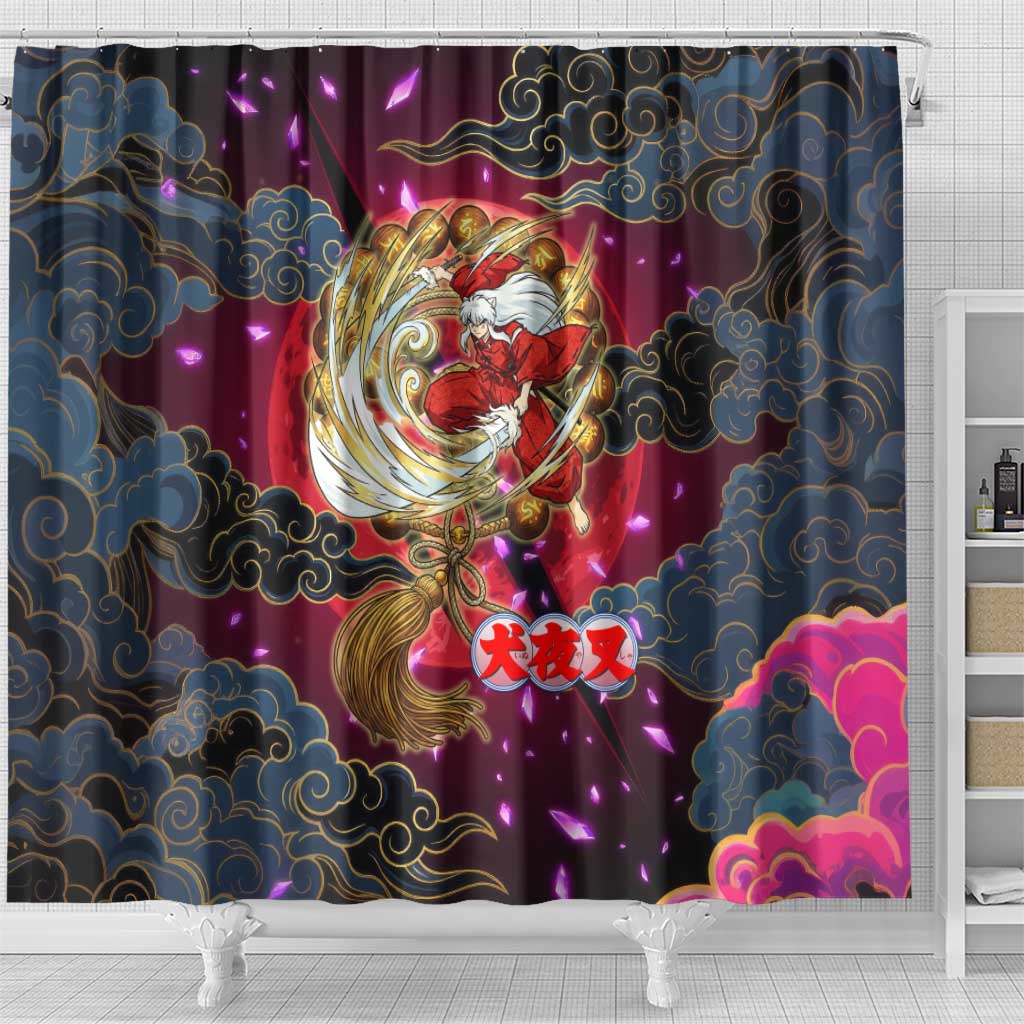 Inuyasha Demon Slayer Warrior Shower Curtain Japanese Tattoo Art Style with Fiery Claw Marks