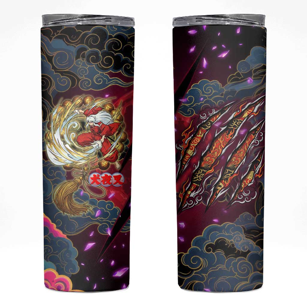 Inuyasha Demon Slayer Warrior Skinny Tumbler Japanese Tattoo Art Style with Fiery Claw Marks