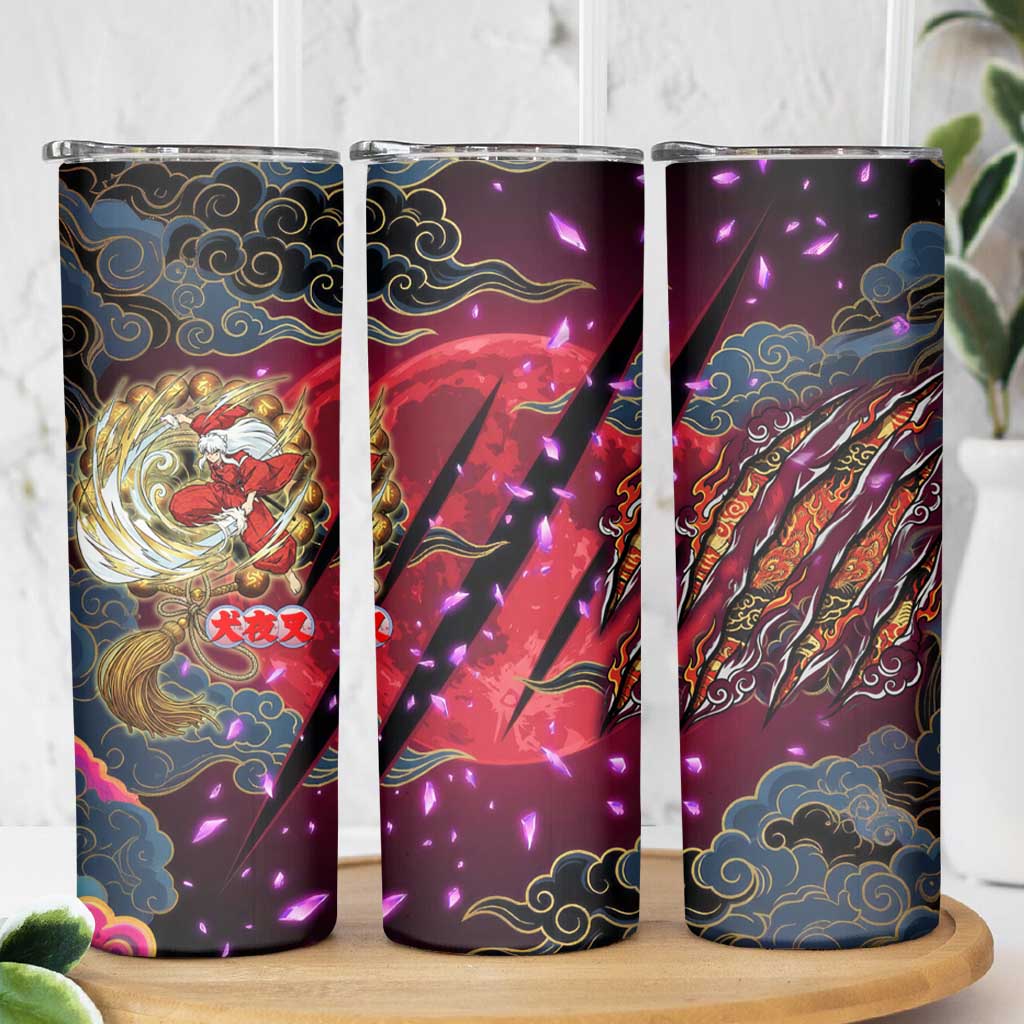 Inuyasha Demon Slayer Warrior Skinny Tumbler Japanese Tattoo Art Style with Fiery Claw Marks