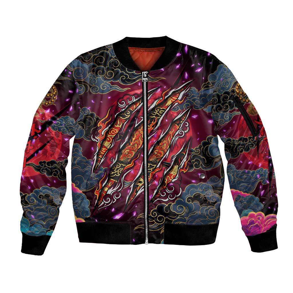 Inuyasha Demon Slayer Warrior Sleeve Zip Bomber Jacket Japanese Tattoo Art Style with Fiery Claw Marks